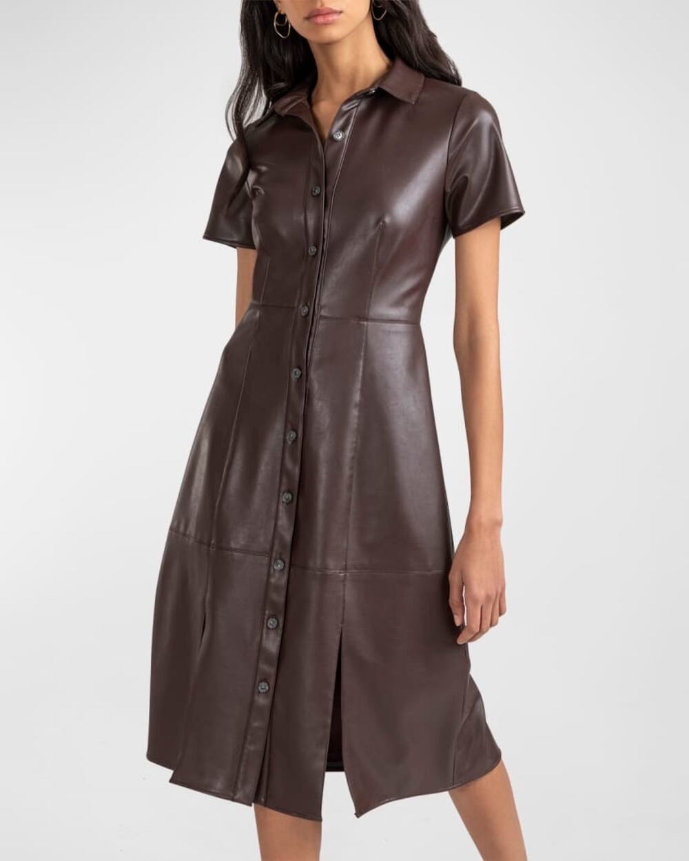 Shoshanna Piera Faux Leather Slit Hem Button-Down Midi Dress Espresso Brown Sz 2